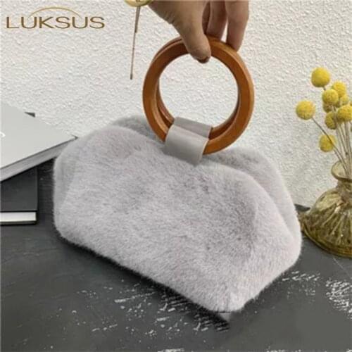 LUKSUS Vintage Style Faux Mink Fur Flap Handbags Elegant Black Grey Camel White Fur Crossbody Bags for Women sac femme bolsos
