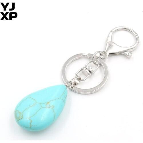 YJXP Trendy Silver Plated Green Turquoises Stone Water Drop Key Chains For Party Gift Charm Jewelry