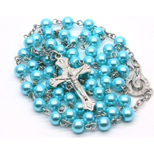 Blue crystal pearl necklace catholic rosary necklace holy place holy infant religious cross necklace men and women easter gifts
