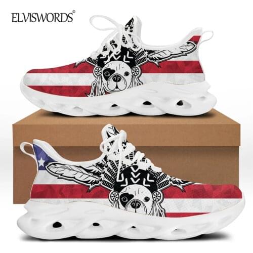 ELVISWORDS American Flag Pug Dog Print Women Casual Lace-up Sport Sneaker Non-slip Bottom Durable Vulcanized Shoes mujer