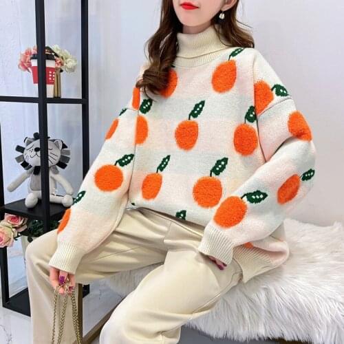 Women Turtleneck Knitted Sweaters Pullover Cherry Pattern Autumn Winter Long Sleeve Jumpers Sweater