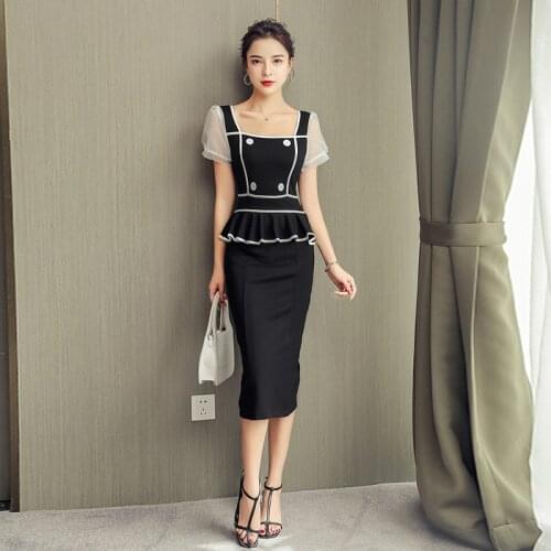 Modis Casual Fall Dresses for Women Corset Mesh Patchwork Ruffle Black Dress Ladies Midi Bodycon Office Work Ruffles Dress Woman