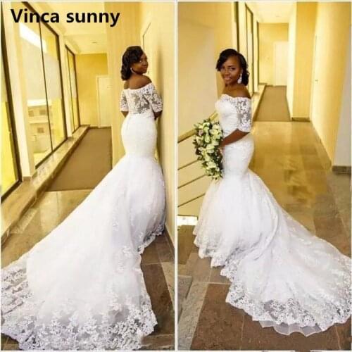 Mermaid Wedding Dresses 2021 Off Shoulder Half Sleeves White Lace Appliques Wedding Gowns Bridal Dresses Vestido de Noiva