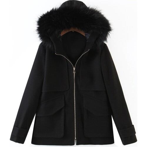 High Quality Spring and Winter Womens Fur Collar Hooded Loose Large Pockets Coat Jacket