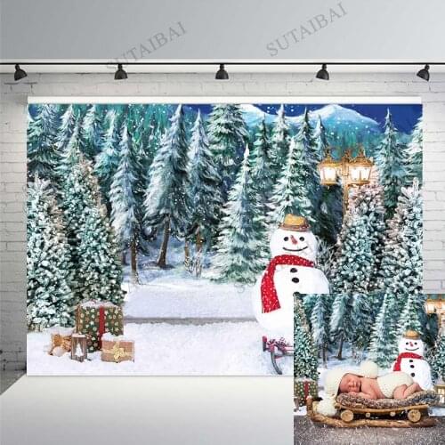 Winter Christmas Backdrop Forest Pine Tree Snowman Christmas New Year Festival Decorations Birthday Party Background PhotoStudio