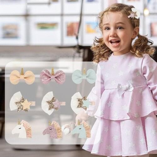 27pc/lot New Cute Colorful Cartoon Unicorn Hairpins For Girls Glitter Hair Bow Hair Clips Barrettes Kids Hair Accessories