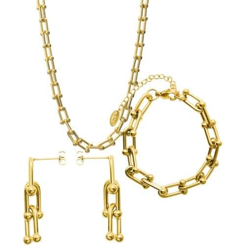 316L Stainless Steel Fashion Stitching U-shape Stitching Thick Chain Necklace Bracelet Earring Set Wedding Jewelry Set