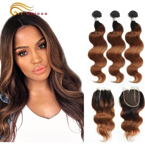 70g/pc Ombre Human Hair Bundles With Closure 1B 30 Honey Blonde Bundles With Closure Peruvian Body Wave Bundles With Closure