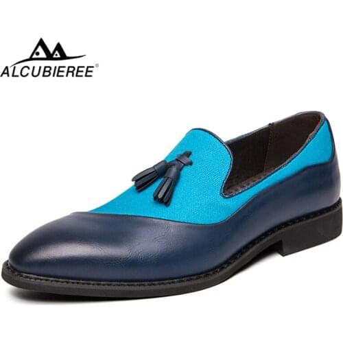 ALCUBIEREE Brand Tassel Loafers Stylish Patchwork Men Dress Shoes Men Slip-on Oxford Mens Pointed Toe Formal Shoes Wedding Shoes
