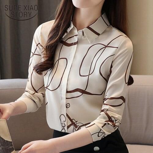 Fashion Spring New Long Sleeve Elegant Apricot Print Women Tops and Blouses Silk Womens Shirts Print Female Slim 8395 50