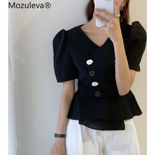 Bornladies 2021 Ladies V Neck Irregular Ruffle Blouses Shirts Women Korean Summer Puff Sleeve Slim Waist Shirts Ladies Tops New
