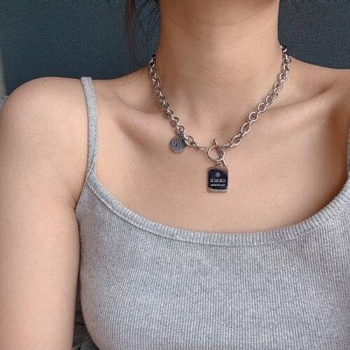 Grace Tag Pendant Necklace for Women Silver Color Clavicle Chain Short Necklaces Female 2021 Fashion Jewelry Punk Style New