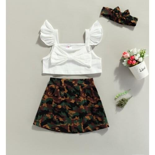 1-6Years Lovely Kids Baby Girl’s Outfits Summer Big Bowknot Fly Sleeve Crop Tops+Camouflage Short Skirt+Headband Infant Sets