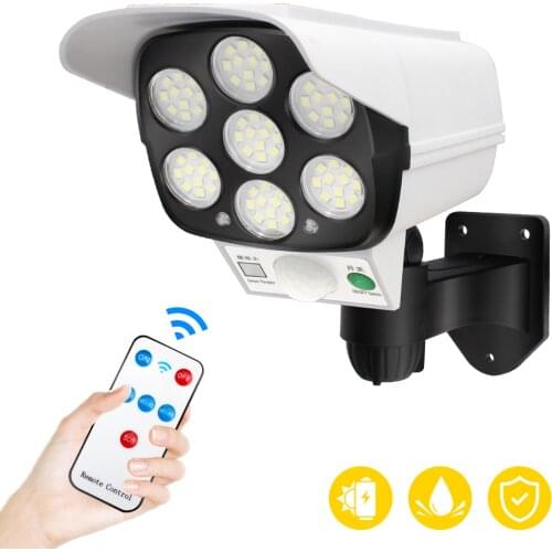 Solar Motion Sensor Light 77LED Street Security Outdoor Dummy Camera Lighting with Remote Control IP65 Garden 3 Modes Spotlight