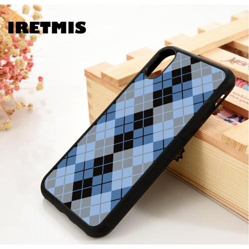 Iretmis 5 5S SE 6 6S TPU Silicone Rubber Phone Case Cover for iPhone 7 8 Plus X Xs 11 12 MINI Pro Max XR Blue Argyle