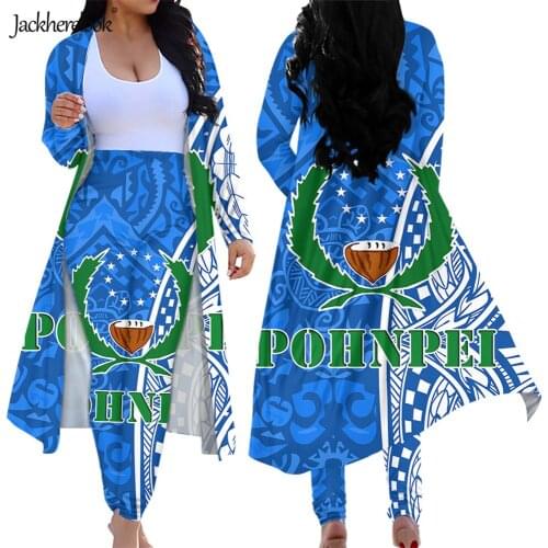 Jackherelook Blue Pohnpei Polynesian Tattoo Tribal Print Plus Size 2 Piece Outfits for Womens Open Front Cardient Long Pant Set