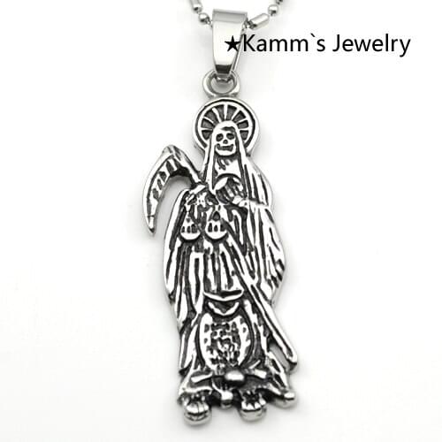 AMUMIU Santa Muerte Reaper Stainless Steel Pendant Necklace For Men Women Wholesale KP053
