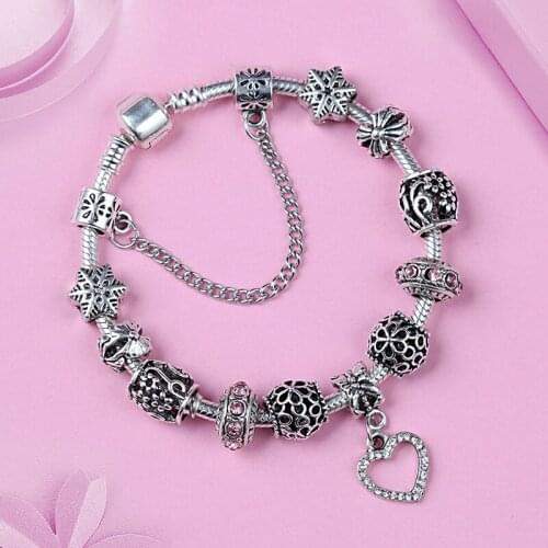 Leabyl Hot Tibetan Silver Heart Plant Charm Bracelet & Bangle for Girl Women Gift Pink Crystal DIY Bead Bracelet Fashion Jewelry