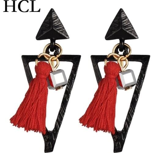 Hot sale Femme Cotton Tassel Triangle Earrings Bohemia Alloy Big Black Earrings For Women Statement Earrings Geometric Jewelry