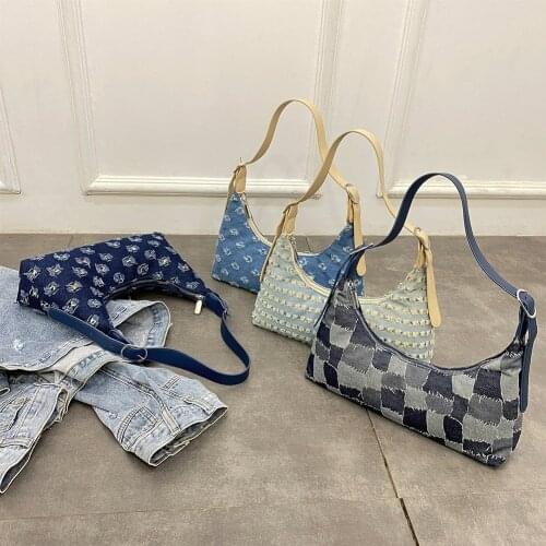 Fashion Denim Splicing Underarm Purse Elegant Women Dumpling Shape Shoulder Bag Casual Lady Street Shopping Party Wristlets