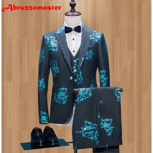 Slim Fit Peaked Lapel Prom Mens Suit With Pants Best Men Floral Jacquard Wedding Suits for Men 3 Pieces (Jacket+Vest+Pants)