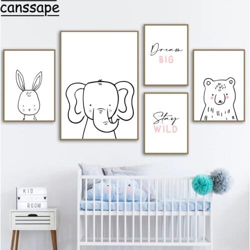 Nursery Wall Art Canvas Painting Bear Poster Elephant Print Rabbit Posters Animal Paintings Nordic Wall Pictures Kids Room Decor