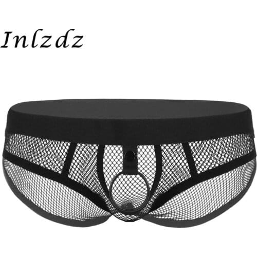 Mens Erotic Lingerie Fishnet Bikini Underwear See Through Low Rise Elastic Waist Open Hole Metal O-ring Hot Sexy Briefs Panties