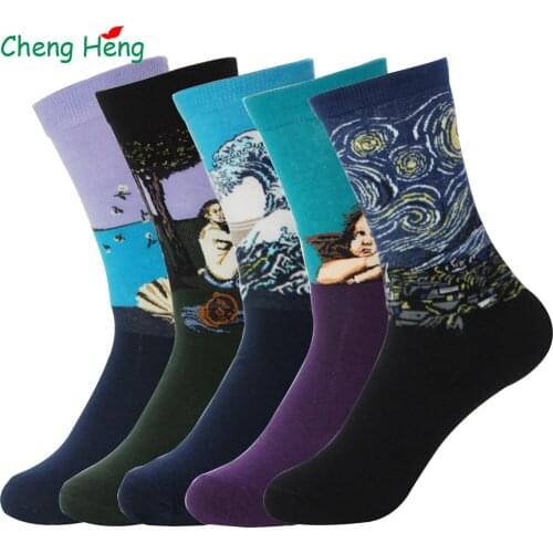 Cheng Heng 5 Pairs/Bag Summer Autumn Retro Modern Literary Revival Oil Painting Socks Fun Novelty Socks Mens Middle Tube Socks