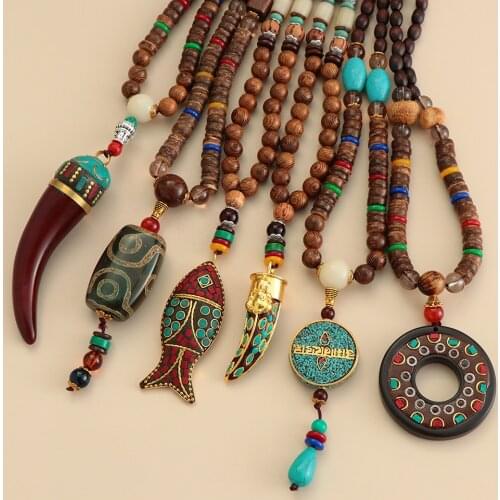 Handmade Necklace Nepal Buddhist Mala Wood Beads PendanEthnic Necklace Men Women Fish Horn Long Statement Jewelry Gift