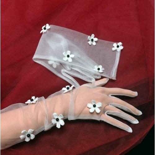 Womens elegant flower beaded white color mesh glove female spring summer transparent sunscreen lace glove R2892