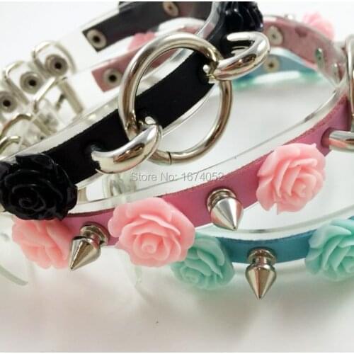 Sexy Harajuku Lolita Handcrafted Layered Leather Choker O Round Rose FLower Spikes Studded Collar Necklace