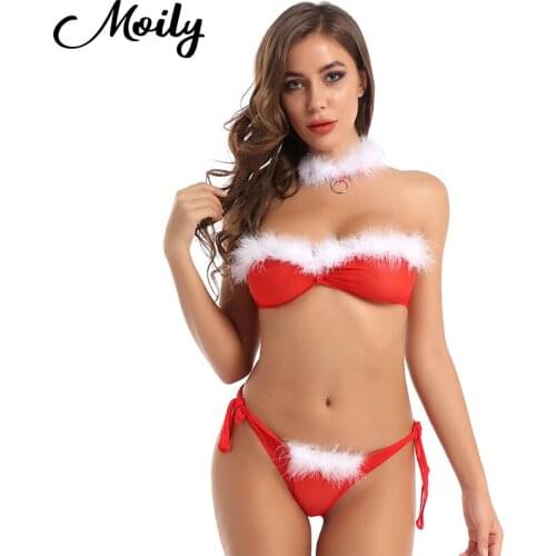 Hot Womens Sissy Sheer Mesh Sexy Santa Outfits Lingerie Cosplay Christmas Costume Erotic Set Strapless Bra Bikini Set Underwear
