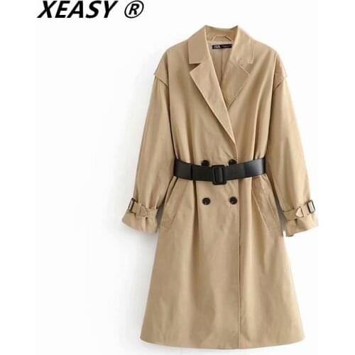 XEASY Womens 2021 Trench Coat with Belt Double Breasted Simple Classic Long Female Windbreaker Spring Autumn Khaki Jackets