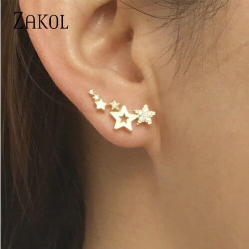 ZAKOL Simple Fashion Small Fresh Star Earring Bling Micro AAA Zirconia Ear Cuff Stud Earrings for Women Ladies Jewelry Gift