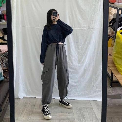 Black Cargo Pants Women Fashion Pockets Casual Patchwork Trousers Fashion Harajuku Autumn High Waist Streetwear Pants Brand Chic
