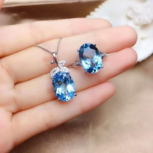 Natural blue topaz jewelry sets natural gemstone ring Pendant S925 silver Elegant Cute leaves woman girl party gift jewelry