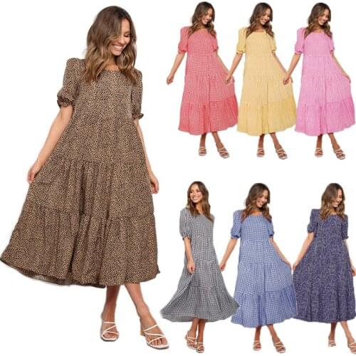 2021Women Summer Puff Sleeve Dress Mid-Calf Dress Loose Plaid Print Casual O Neck Long Dresses Elegant Vestidos Woman Party Robe