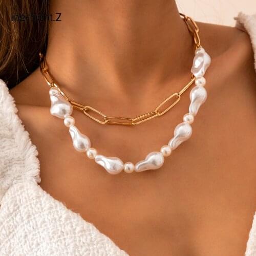 2021 New Multi Layered Baroque Imitation Pearl Choker Necklace Gold Color Chain Necklace Collier for Women Jewelry Gifts