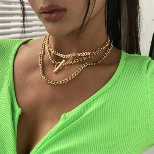Multilevel Vintage 2021 Geometric Chain Necklace For Women Fashion Geometry Female New Gold Olive Leaf Round Rectangle Jewelry