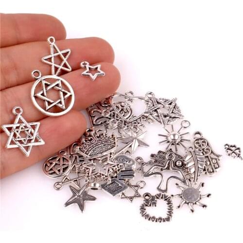 30pcs Mixed Tibetan Silver Tone Hamsa Star of David Charms Metal Crown And palm Pendant For Bracelet Jewelry Accessories 23532