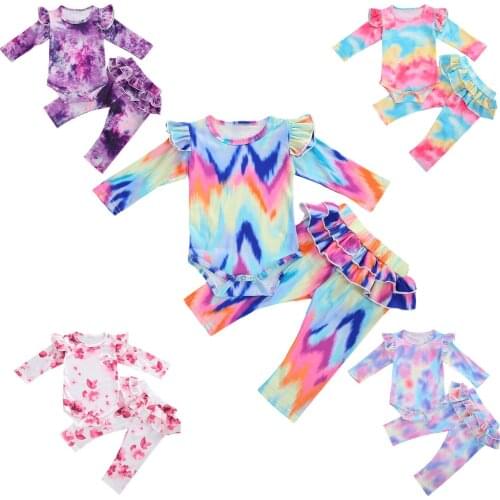 2020 New Fall Autumn Newborn Baby Girls Tie-Dye 2Pcs Set 5 Colors Long Sleeve Bodysuit+Ruffled Long Pants Infant Clothes
