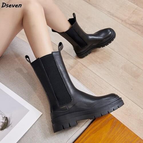Martin Boots Woman Leather Shoes New Avocado Color Thick-soled Platform Chelsea Short Boots Elastic Band Women Ankle Boots