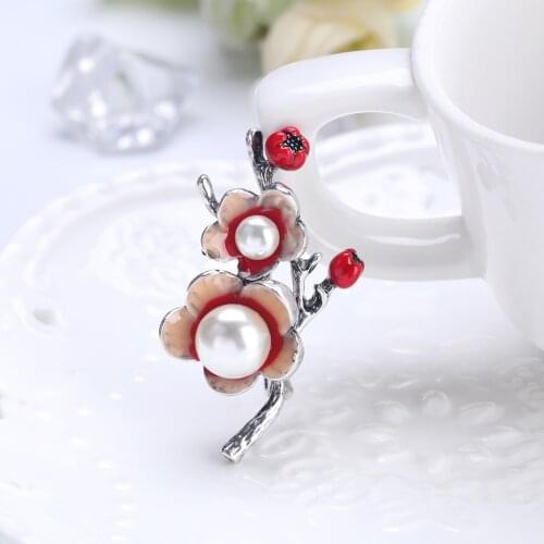 Big Simulated Pearl Plum Blossom Brooches for Women Enamel Brooch Pins Jewelry Accessories