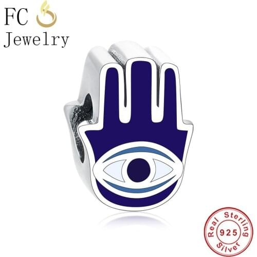 FC Jewelry Fit Original Brand Charm Bracelet Bangle 925 Silver Enamel Blue Evil Eye Hamsa Fatima Hand Bead Making Berloque DIY