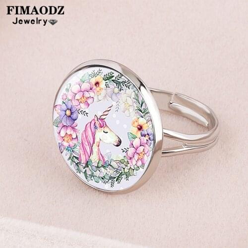 FIMAODZ Cute Unicorn Ring for Kids Silver Color Horse Glass Art Photo Adjustable Rings For Girl Fashion Party Birthday Gift