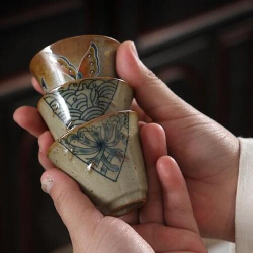 3pcs/set 50ml Kungfu Tea Cup Ru Kiln Hand Painted Ceramic Single Tea Bowl Kitchen Teaware Drinking Tea Tool