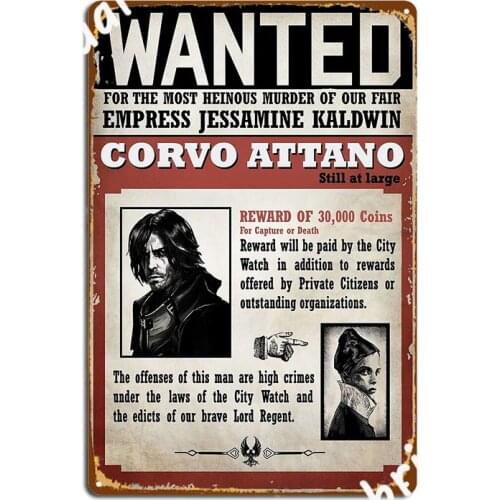 Corvo Attano Wanted Poster Poster Metal Plaque Cinema Kitchen Wall Plaque Cinema Retro Tin Sign Poster