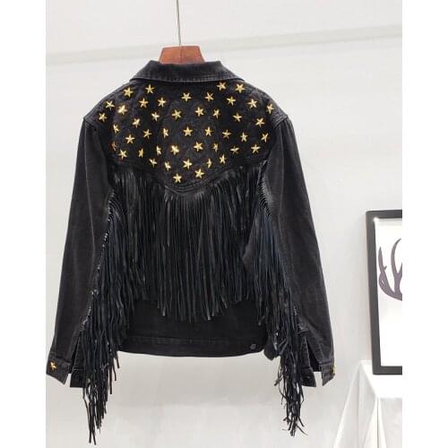 Red Black Denim Jacket Women Autumn Fashion Star Rivet Suede Fringe Loose Outerwear Female Streetwear Short Boho Jeans Jackets