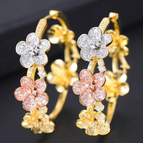 LARRAURI Charms Korean Round Circle CZ Flower Statement Earrings Bridal Dress Wedding Fashion Hoop Earrings For Women Jewelry