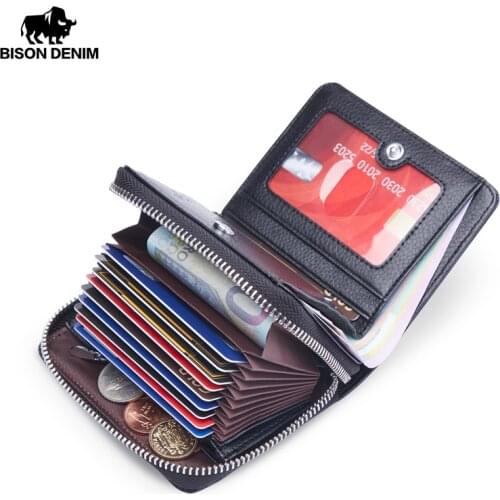 BISON DENIM Wallet for Men Genuine Leather with Zipper Rfid Blocking Short Wallet Multifunction Coin Purse Card Holder W4534